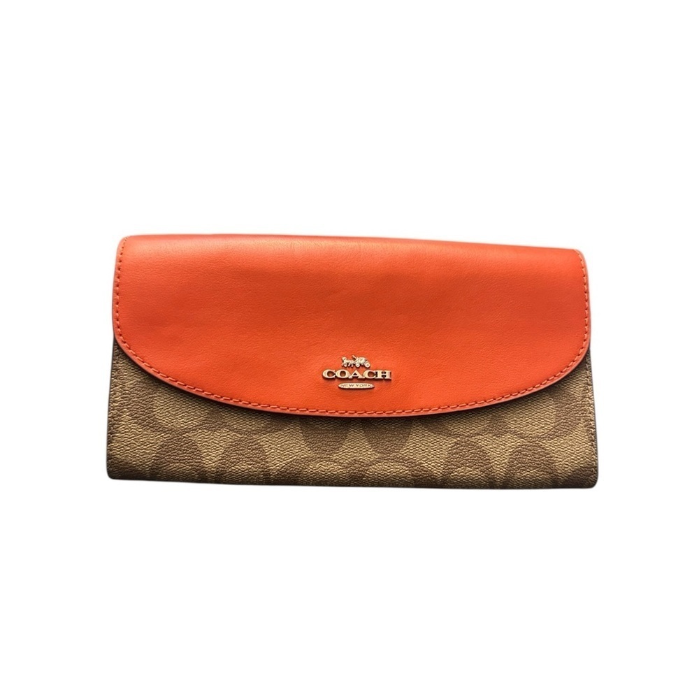 Coach Signature Slim Envelope Wallet khaki signature canvas and orange leather